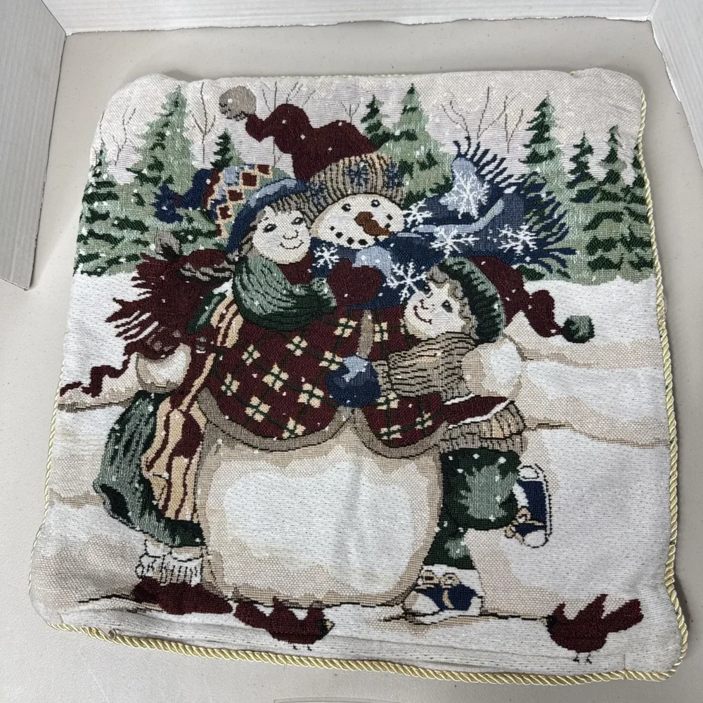 Beautiful Snowman With Cardinal & Kids Winter Throw Pillow COVER Tapestry